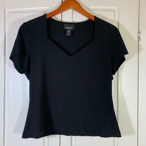 Clara S Womens Black Short Sleeve V-Neck Stretch Knit Blouse Top Size S